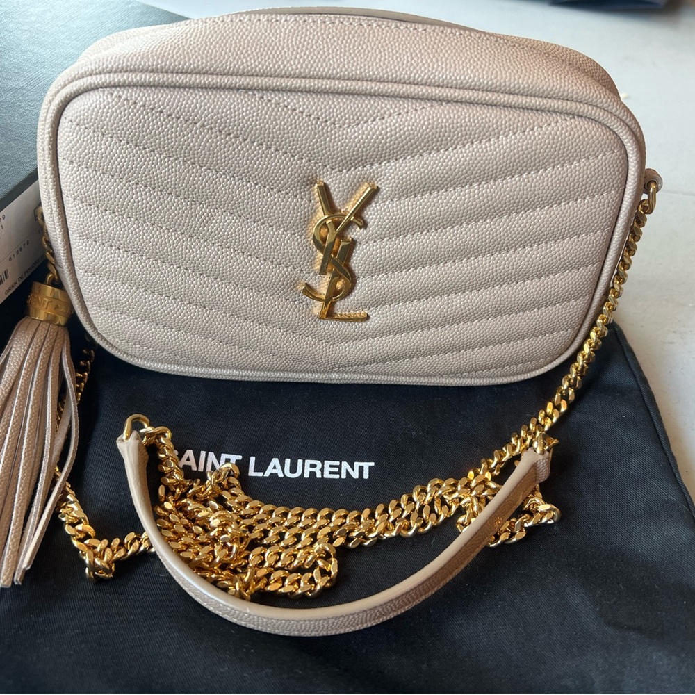 Authentic YSL Yves Saint Laurent Mini Lou Camera Bag with gold chain and Tassel